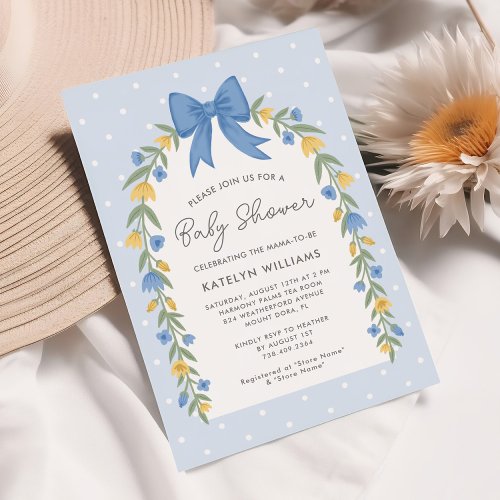 Pretty Bow Floral Baby Shower Blue Invitation
