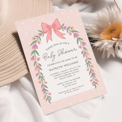 Pretty Bow Floral Baby Shower Pink Invitation