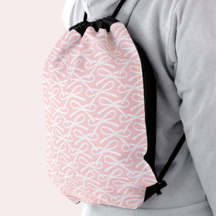 Pretty Bow Pattern Pink White Drawstring Backpack