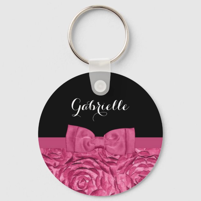 Pretty Bow Pink and Black Rose Pattern With Name Keychain (Front)
