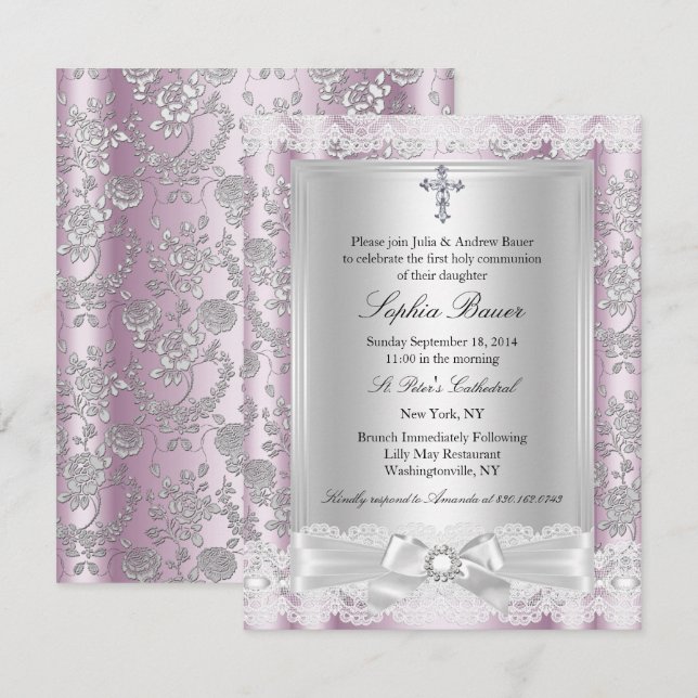 Pretty Bow pink Holy Communion 3 Invitation (Front/Back)