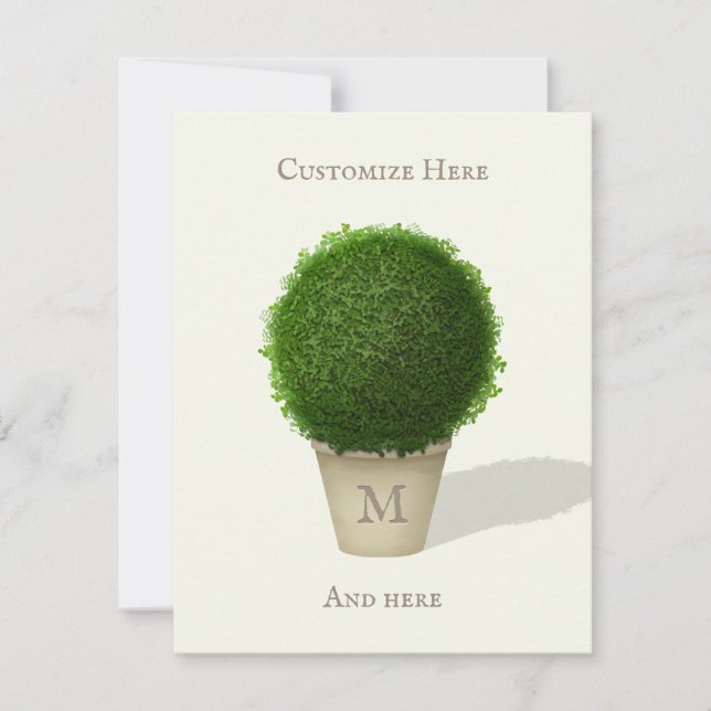 Pretty Boxwood Topiary Monogrammed & Personalized Note Card (Front)