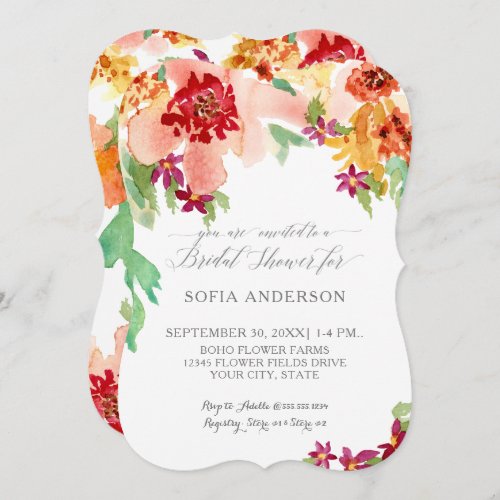 Pretty Bridal Shower Fall Floral Modern Watercolor Invitation