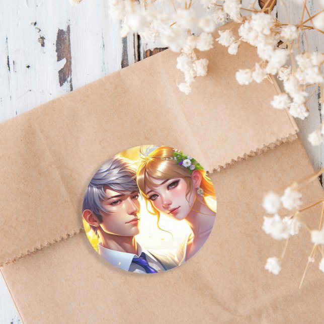 Pretty Bride and Handsome Groom Anime Couple Classic Round Sticker (Creator Uploaded)