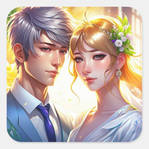 Pretty Bride and Handsome Groom Anime Couple Square Sticker