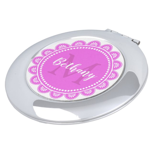 Pretty Bright Pink Lace Frame Monogrammed Compact Mirror (Turned)
