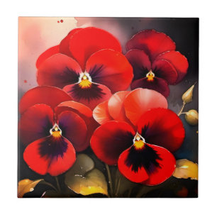 Pretty bright red pansies watercolor painting ceramic tile