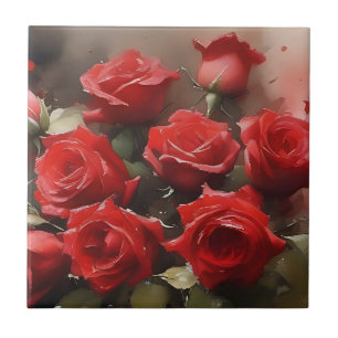 Pretty bright red roses garden watercolor painting ceramic tile