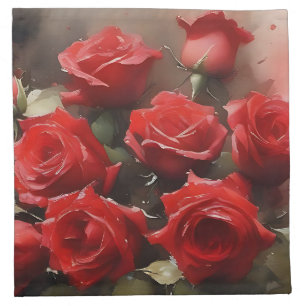 Pretty bright red roses garden watercolor painting cloth napkin
