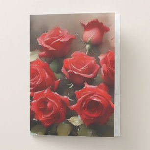 Pretty bright red roses garden watercolor painting pocket folder