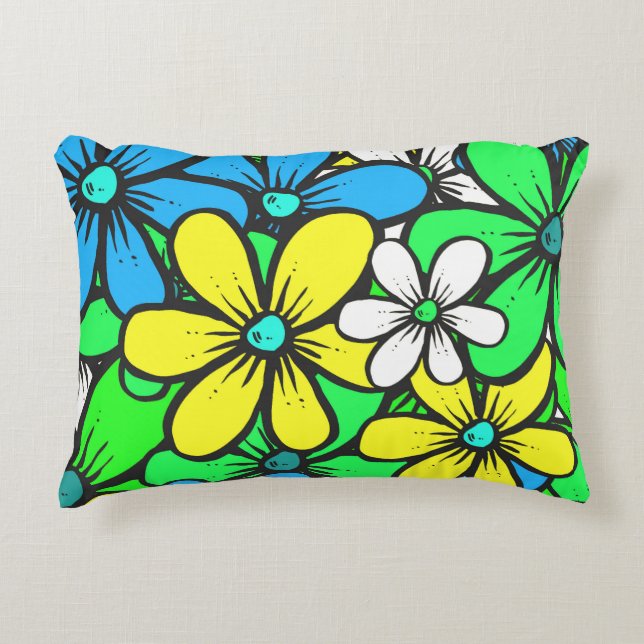 Pretty Bright Summer Flowers Blue Yellow and Green Accent Pillow (Front)