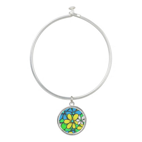 Pretty Bright Summer Flowers Blue Yellow and Green Bangle Bracelet
