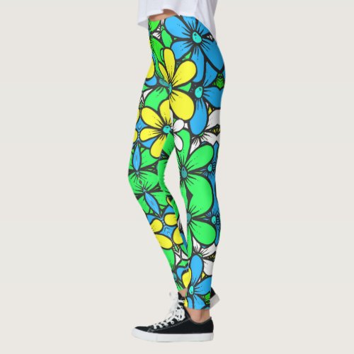 Pretty Bright Summer Flowers Blue Yellow and Green Leggings