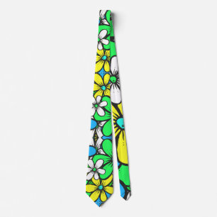 Pretty Bright Summer Flowers Blue Yellow and Green Neck Tie
