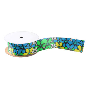 Pretty Bright Summer Flowers Blue Yellow and Green Satin Ribbon
