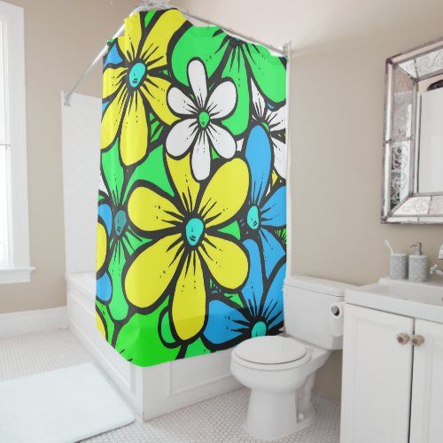 Pretty Bright Summer Flowers Blue Yellow and Green Shower Curtain