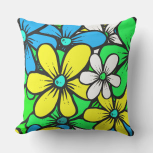 Pretty Bright Summer Flowers Blue Yellow and Green Throw Pillow