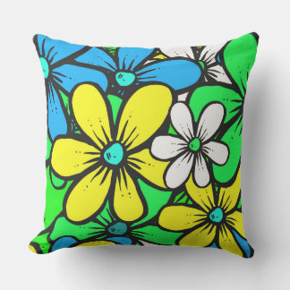 Pretty Bright Summer Flowers Blue Yellow and Green Throw Pillow