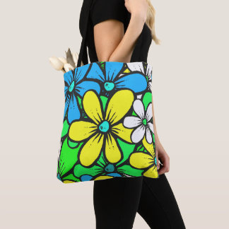 Pretty Bright Summer Flowers Blue Yellow and Green Tote Bag