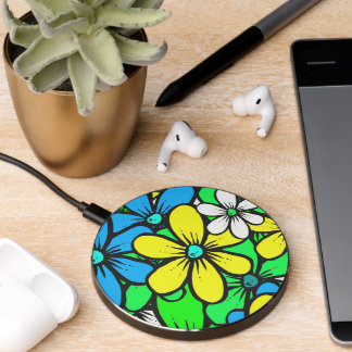 Pretty Bright Summer Flowers Blue Yellow and Green Wireless Charger