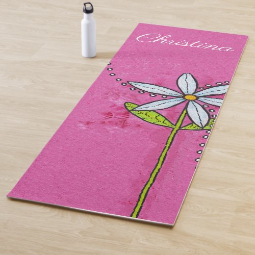 Pretty Bright White Daisy Green Leaves Stem Pink Yoga Mat