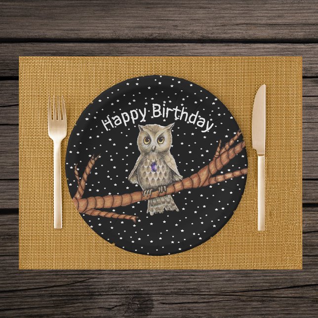 Pretty Brown Birthday Owl Crystal Necklace Black Paper Plates (Brown owl pretty eyes on branch in black night sky white stars crystal necklace paper party plates.)