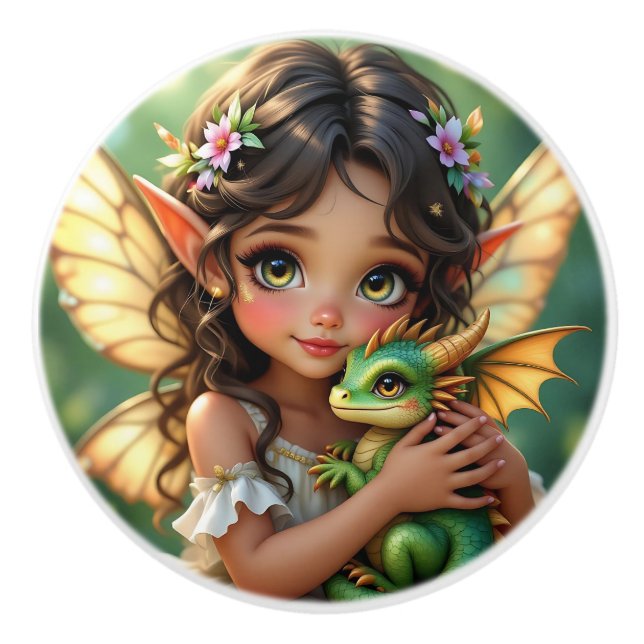 Pretty Brown Eyed Fairy and Dragon  Ceramic Knob (Front)