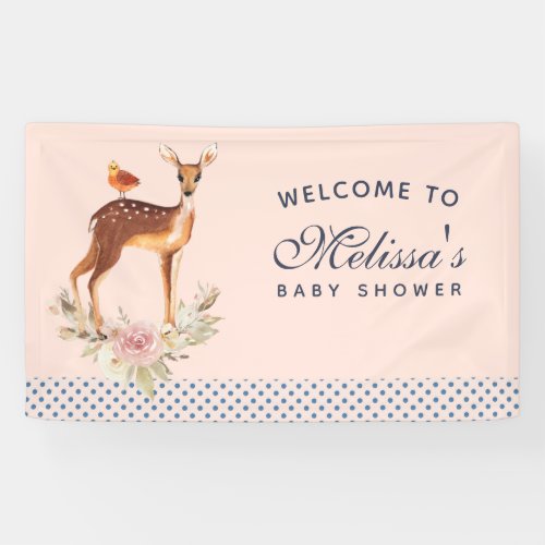 Pretty Brown Fawn with Bird and Roses Baby Shower Banner