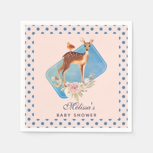 Pretty Brown Fawn with Bird and Roses Baby Shower Napkins