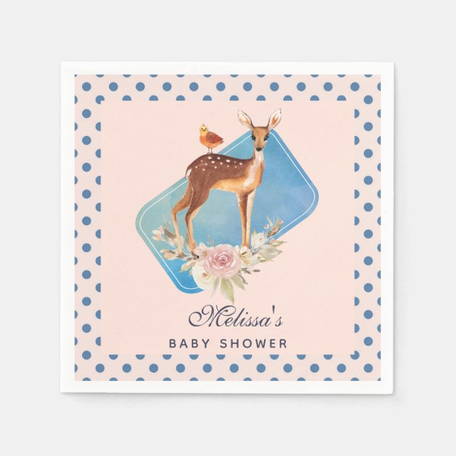 Pretty Brown Fawn with Bird and Roses Baby Shower Napkins (Front)