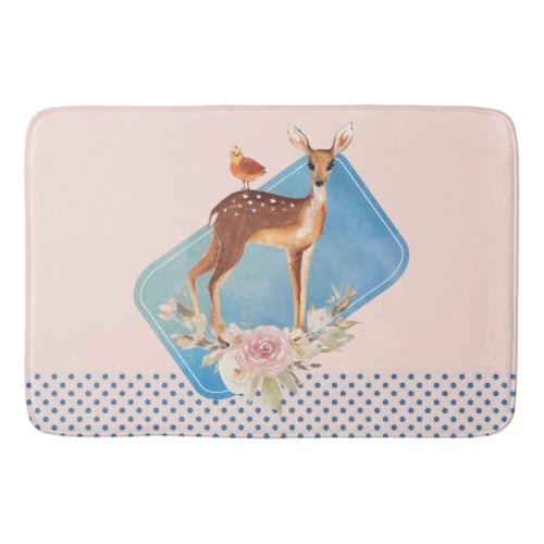 Pretty Brown Fawn with Bird and Roses Bath Mat