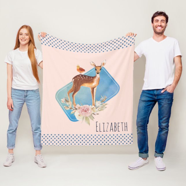 Pretty Brown Fawn with Bird and Roses Fleece Blanket (In Situ)