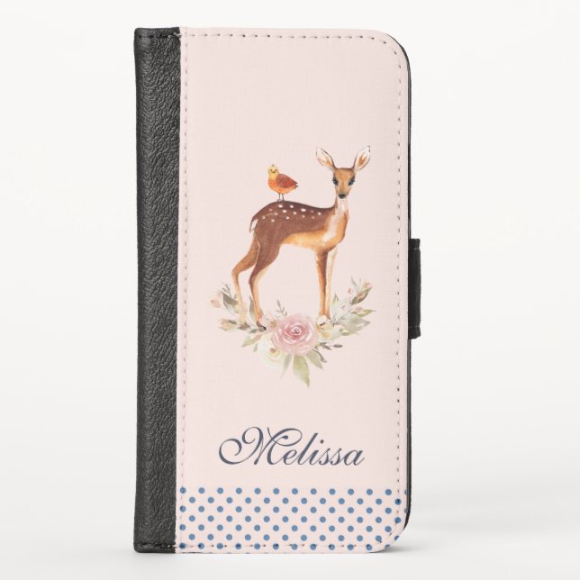 Pretty Brown Fawn with Bird and Roses iPhone Wallet Case (Front)