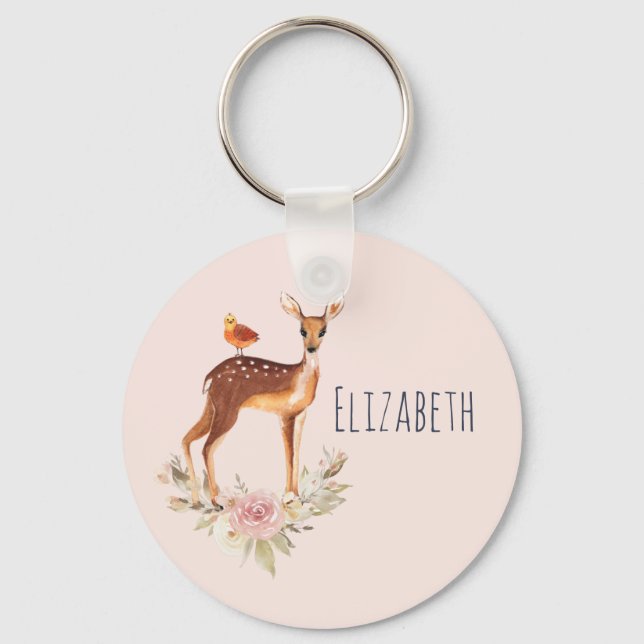 Pretty Brown Fawn with Bird and Roses Keychain (Front)