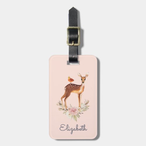 Pretty Brown Fawn with Bird and Roses Luggage Tag