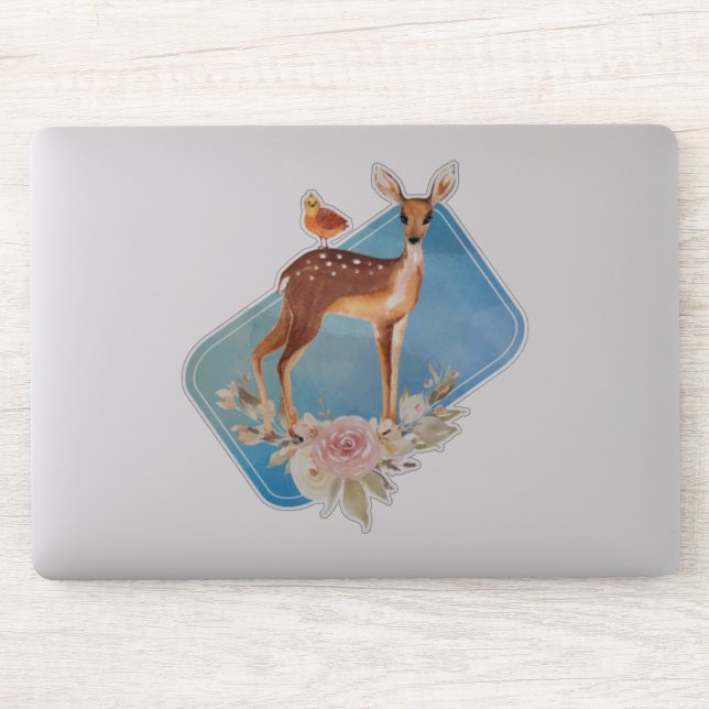 Pretty Brown Fawn with Bird and Roses Sticker (Computer)