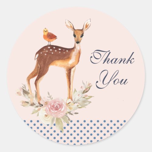 Pretty Brown Fawn with Bird and Roses Thank You Classic Round Sticker