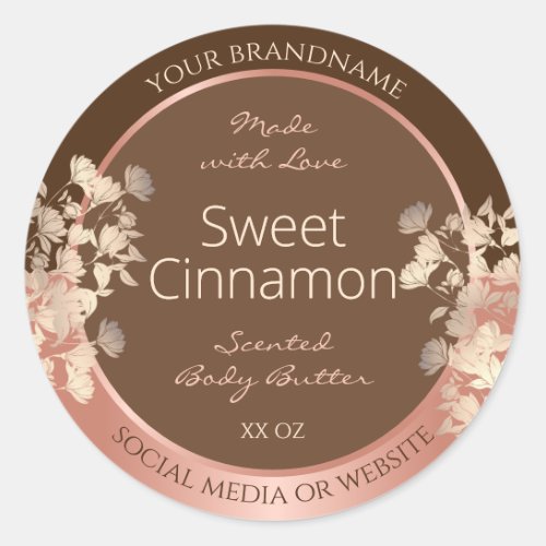 Pretty Brown Floral Product Labels Rose Gold Frame