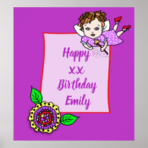 Pretty Brown Hair Fairy Girl Happy Birthday Poster