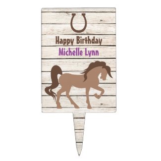 Pretty Brown Horse and Barn Wood Girl's Birthday Cake Topper
