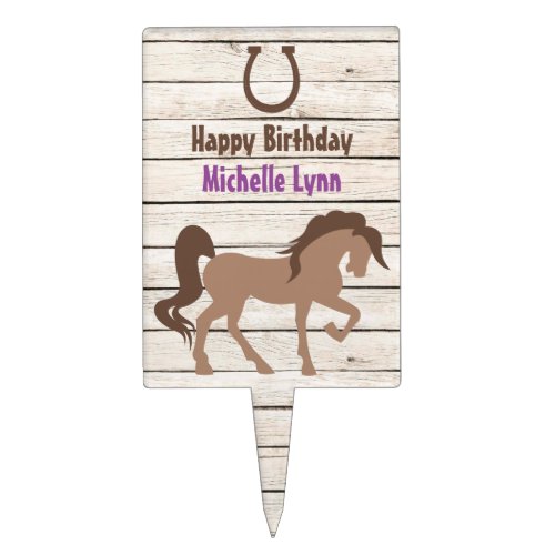 Pretty Brown Horse and Barn Wood Girls Birthday Cake Topper
