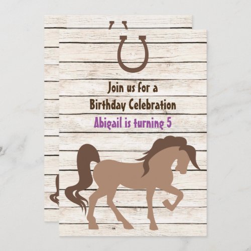 Pretty Brown Horse and Barn Wood Girls Birthday Invitation