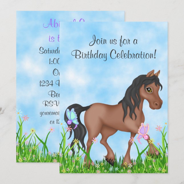Pretty Brown Horse and Butterflies Birthday Invitation (Front/Back)