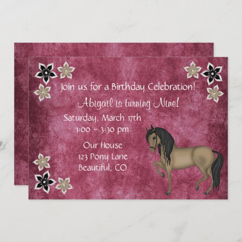 Pretty Brown Horse and Flowers Birthday Invitation