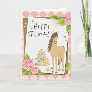 Pretty Brown Horse and Pink Flowers Happy Birthday Card