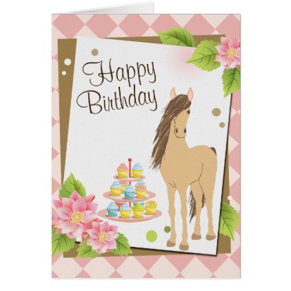 Pretty Brown Horse and Pink Flowers Happy Birthday Card