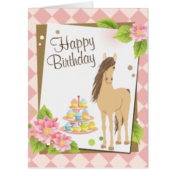 Pretty Brown Horse And Pink Flowers Large Birthday Card by TheCutieCollection at Zazzle