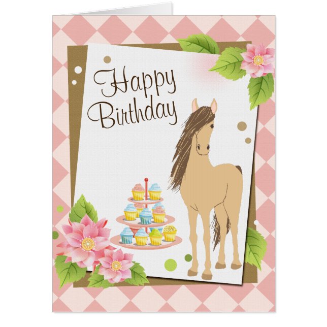 Pretty Brown Horse and Pink Flowers LARGE Birthday Card (Front)
