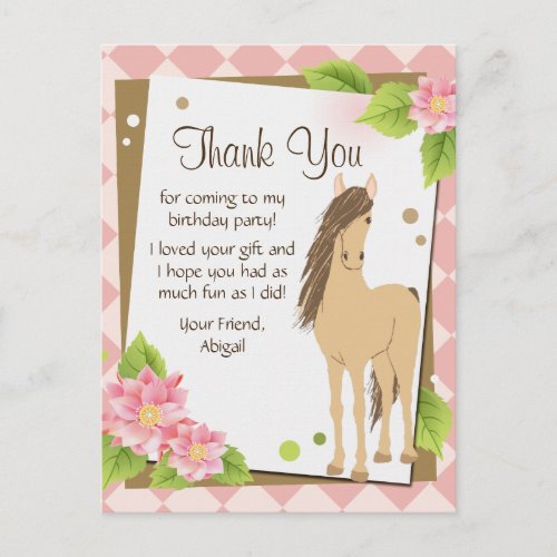 Pretty Brown Horse and Pink Flowers Thank You Postcard