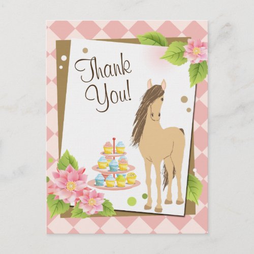 Pretty Brown Horse and Pink Flowers Thank You Postcard